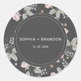 Elegante Blush Roze & Donkergrijze Bloemenbruiloft Ronde Sticker