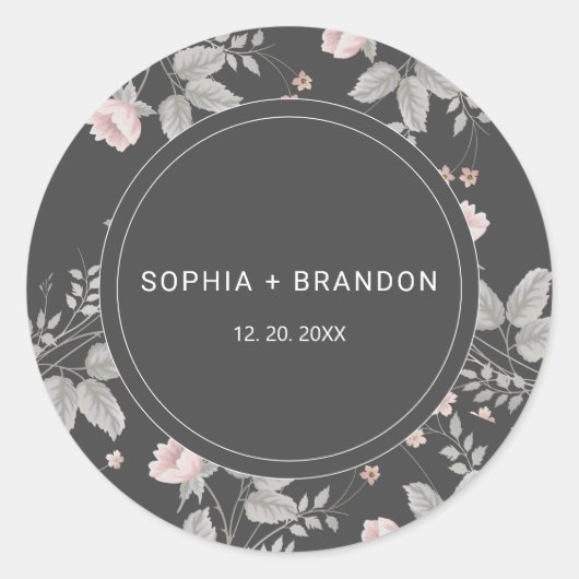 Elegante Blush Roze & Donkergrijze Bloemenbruiloft Ronde Sticker (Voorkant)