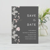 Elegante Blush Roze & Donkergrijze Bloemenbruiloft Save The Date (Staand voorkant)