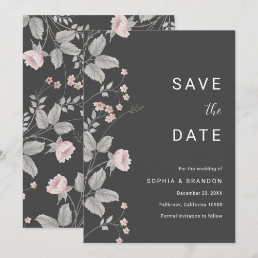 Elegante Blush Roze & Donkergrijze Bloemenbruiloft Save The Date (Voorkant / Achterkant)