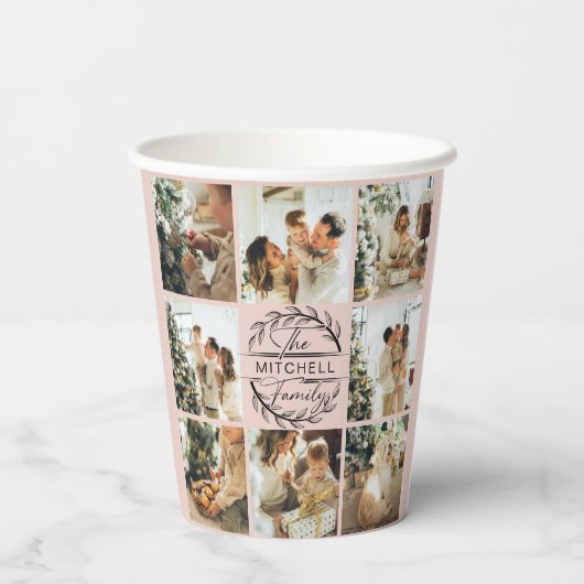 Elegante Blush Roze Eenvoudige Familie Fotocollage Papieren Bekers (Achterkant)