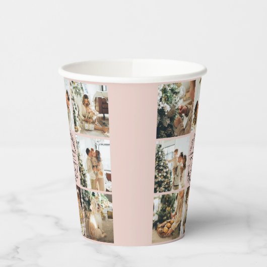 Elegante Blush Roze Eenvoudige Familie Fotocollage Papieren Bekers (Links)