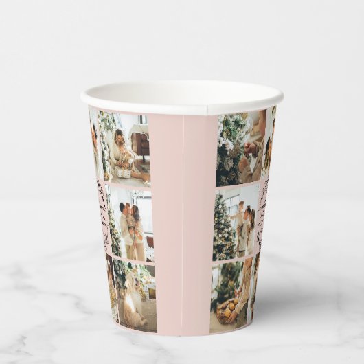 Elegante Blush Roze Eenvoudige Familie Fotocollage Papieren Bekers (Rechts)