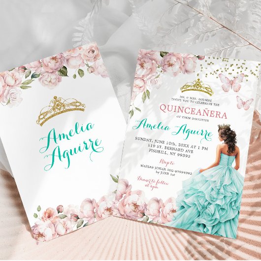 Elegante Blush Roze en Blauwgroen Bloemen Quinceañ Kaart