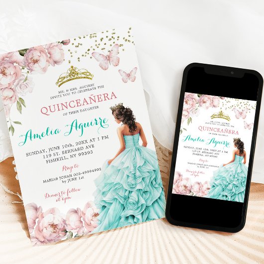 Elegante Blush Roze en Blauwgroen Bloemen Quinceañ Kaart
