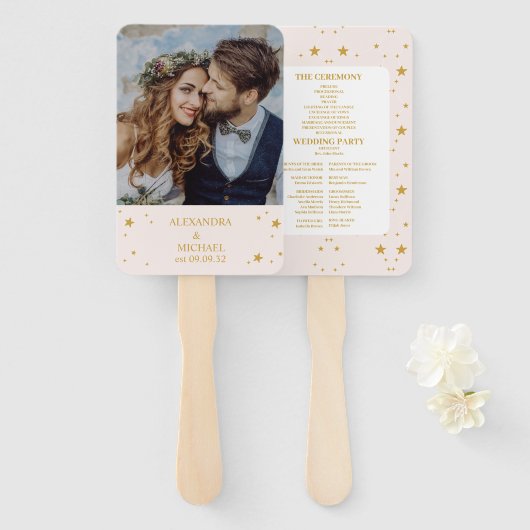 Elegante Blush Roze en Goud Hemelse Bruiloft Handwaaier (Voorkant en achterkant)