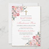 Elegante Blush Roze en Gouden Bloemen Doop Kaart (Voorkant)