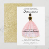Elegante Blush Roze en Gouden Glitter Quinceanera Kaart (Voorkant / Achterkant)