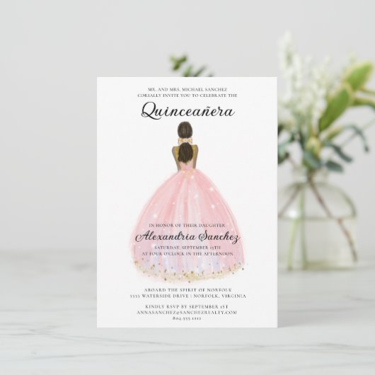 Elegante Blush Roze en Gouden Glitter Quinceanera Kaart (Staand voorkant)