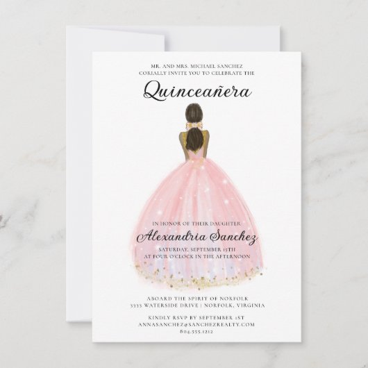 Elegante Blush Roze en Gouden Glitter Quinceanera Kaart (Voorkant)
