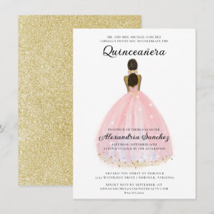 Elegante Blush Roze en Gouden Glitter Quinceanera Kaart