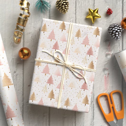 Elegante Blush roze en gouden kerstboom Cadeaupapier