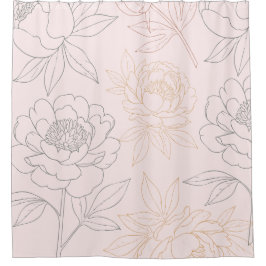 Elegante Blush Roze en Gouden Pioenenbloem Patroon Douchegordijn