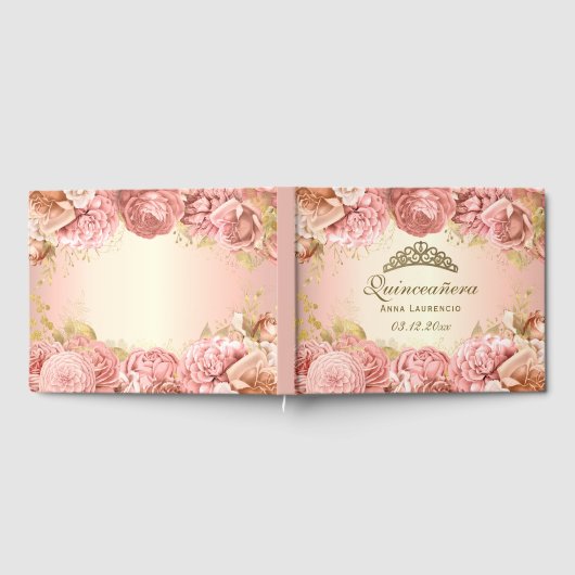 Elegante Blush Roze en Gouden Quinceanera Custom Gastenboek (Volledig)