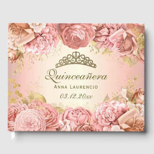 Elegante Blush Roze en Gouden Quinceanera Custom Gastenboek (Voorkant)