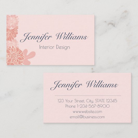 Elegante blush roze en marineblauwe bloemen visitekaartje (Voorkant / Achterkant)