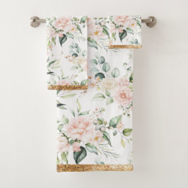 Elegante Blush Roze Eucalyptus Gouden Trim Bad Handdoek