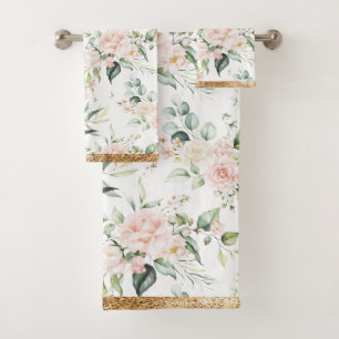 Elegante Blush Roze Eucalyptus Gouden Trim Bad Handdoek