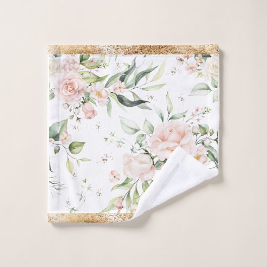Elegante Blush Roze Eucalyptus Gouden Trim Bad Handdoek (Wasdoekje)