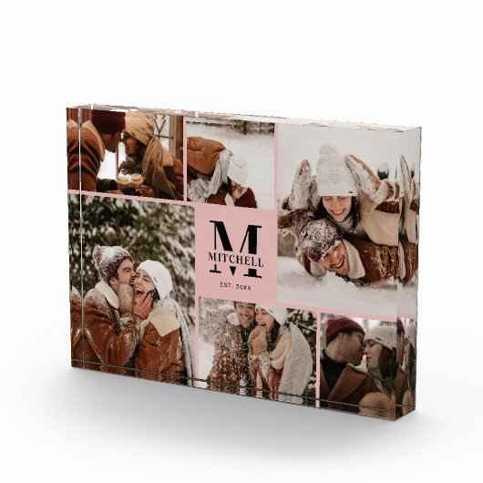 Elegante Blush Roze Familie Fotocollage Keepsake Fotoblokken (Rechts)