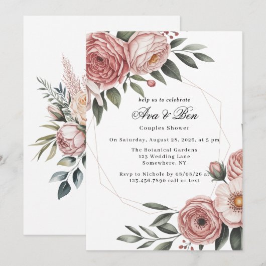 Elegante Blush Roze Geschilderde Bloemenparen Douc Kaart (Voorkant / Achterkant)