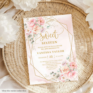 Elegante Blush Roze Goud Bloemen Sweet 16 Uitnodig Kaart