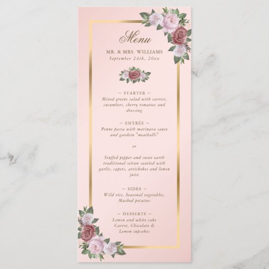 Elegante Blush Roze Goud Bloemen Trouwmenu Menu (Voorkant)