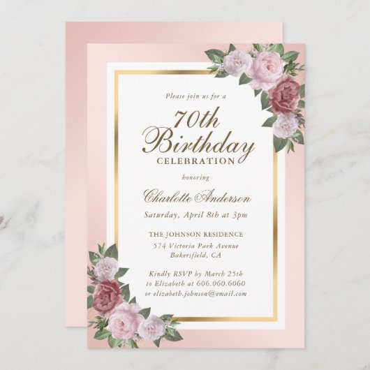 Elegante Blush Roze Gouden Bloem 70ste Verjaardag Kaart (Voorkant / Achterkant)