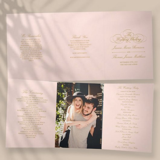 Elegante Blush Roze & Gouden bruiloft Drieluik Programma