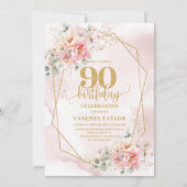Elegante Blush Roze Gouden Glitter Bloemen 90e Kaart (Voorkant)