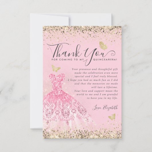 Elegante Blush Roze Gouden Glitter Jurk Quinceaner Bedankkaart (Voorkant)
