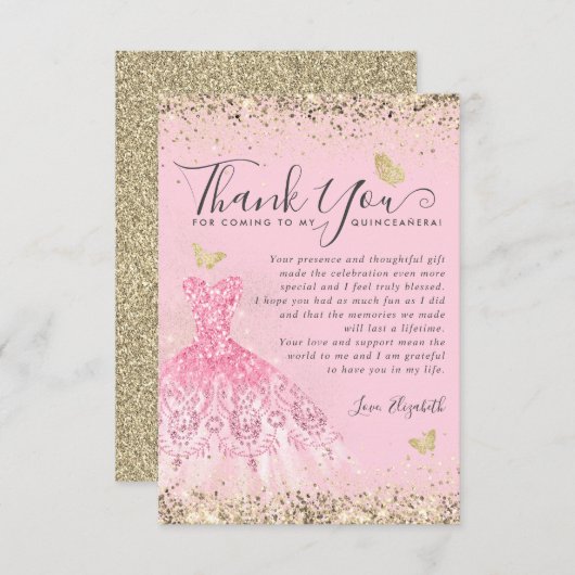 Elegante Blush Roze Gouden Glitter Jurk Quinceaner Bedankkaart (Voorkant / Achterkant)