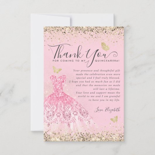Elegante Blush Roze Gouden Glitter Quinceanera Fot Bedankkaart (Voorkant)