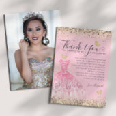 Elegante Blush Roze Gouden Glitter Quinceanera Fot Bedankkaart