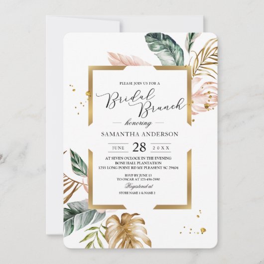 Elegante Blush Roze Groen Gouden Bladeren | Gouden Kaart (Voorkant)