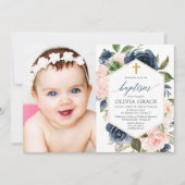 Elegante blush roze marine meisje doop bloemenfoto kaart (Voorkant)
