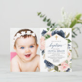 Elegante blush roze marine meisje doop bloemenfoto kaart (Staand voorkant)