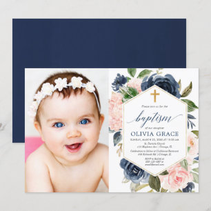 Elegante blush roze marine meisje doop bloemenfoto kaart