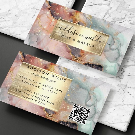 Elegante Blush Roze Mint en Gouden Waterverf Marme Visitekaartje