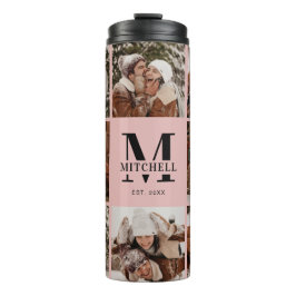 Elegante Blush Roze Monogram Familie Fotocollage Thermosbeker