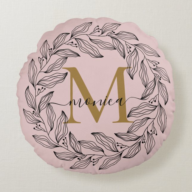 Elegante Blush Roze Monogrammed Bloemen Rond Kussen (Voorkant)