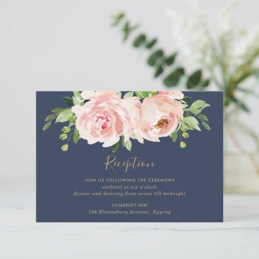 Elegante Blush Roze Navy Bloemen Bruiloft Receptie Informatiekaartje (Staand voorkant)