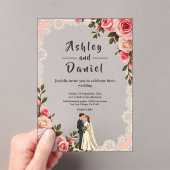 Elegante Blush Roze Paar Zomer Bloemen Huwelijk Acryl Uitnodigingen (Insitu (Draagbaar))