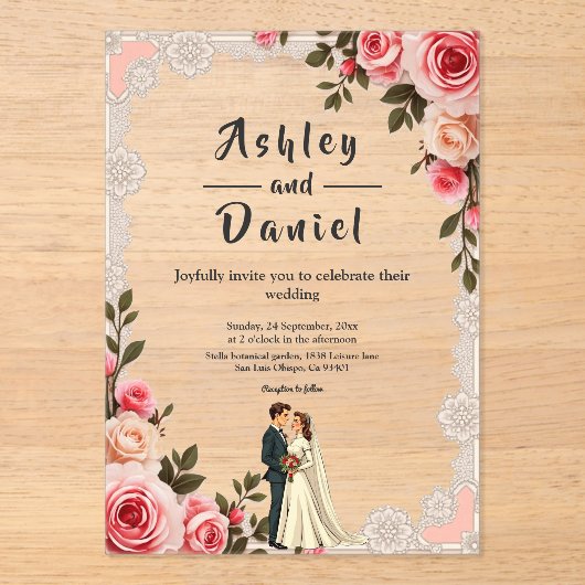 Elegante Blush Roze Paar Zomer Bloemen Huwelijk Acryl Uitnodigingen (Voorkant)