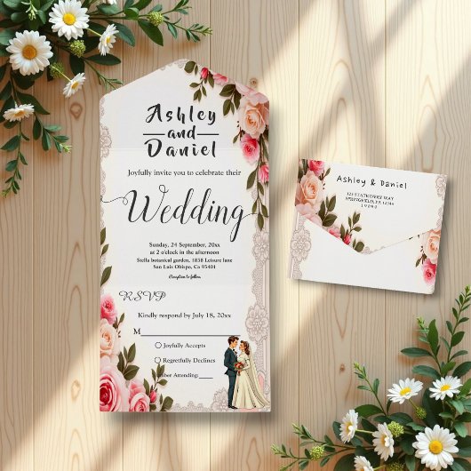 Elegante Blush Roze Paar Zomer Bloemen Huwelijk All In One Uitnodiging