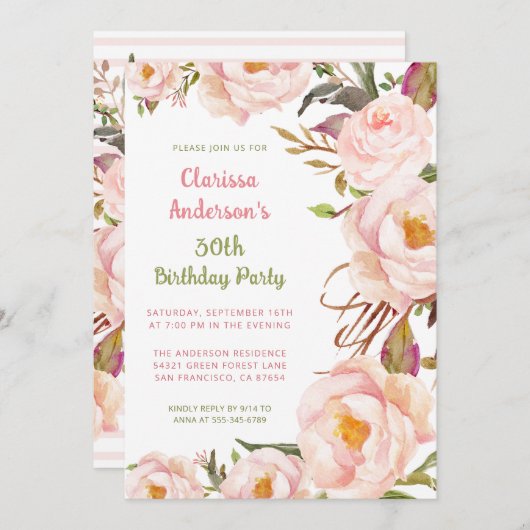 Elegante Blush Roze Pioen 30e Verjaardag Kaart (Voorkant / Achterkant)