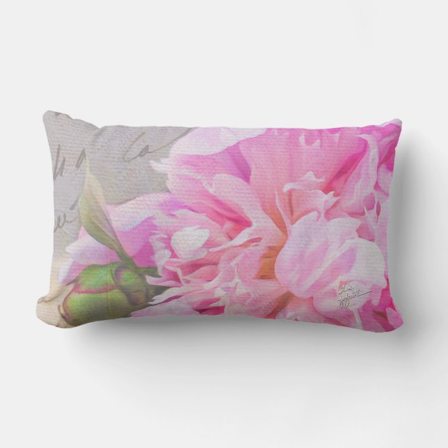 Elegante Blush Roze Pioen Bloemrijke Franse Script Kussen (Voorkant)