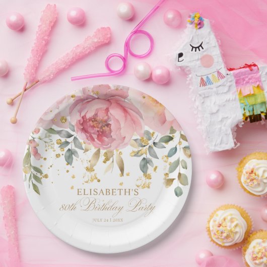 Elegante Blush Roze Pioenbloem 80e verjaardag Papieren Bordje (Feest)