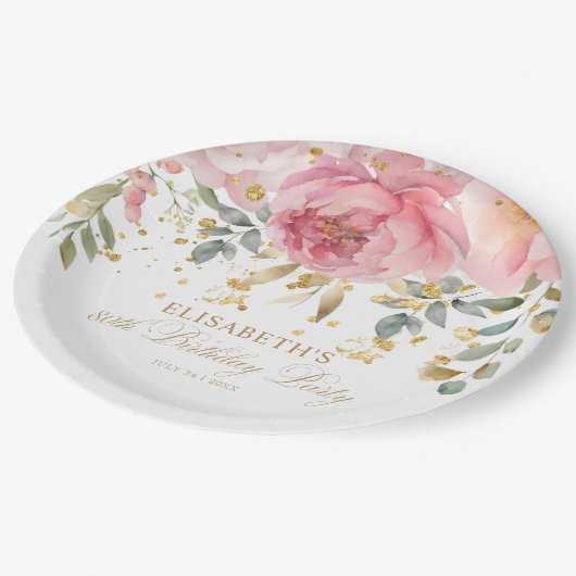 Elegante Blush Roze Pioenbloem 80e verjaardag Papieren Bordje (Gekanteld)