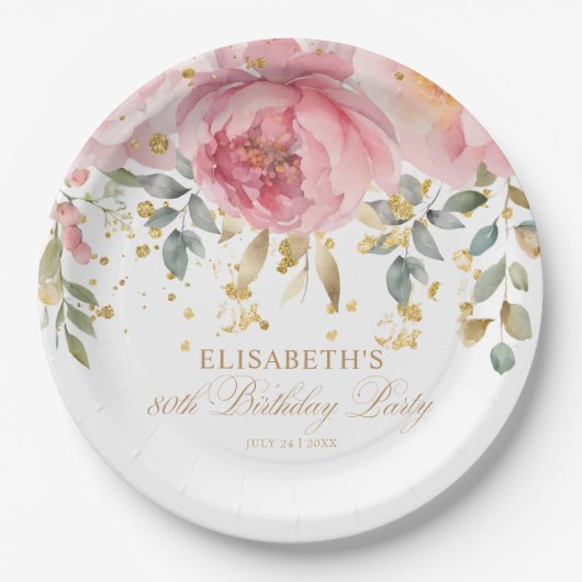 Elegante Blush Roze Pioenbloem 80e verjaardag Papieren Bordje (Voorkant)